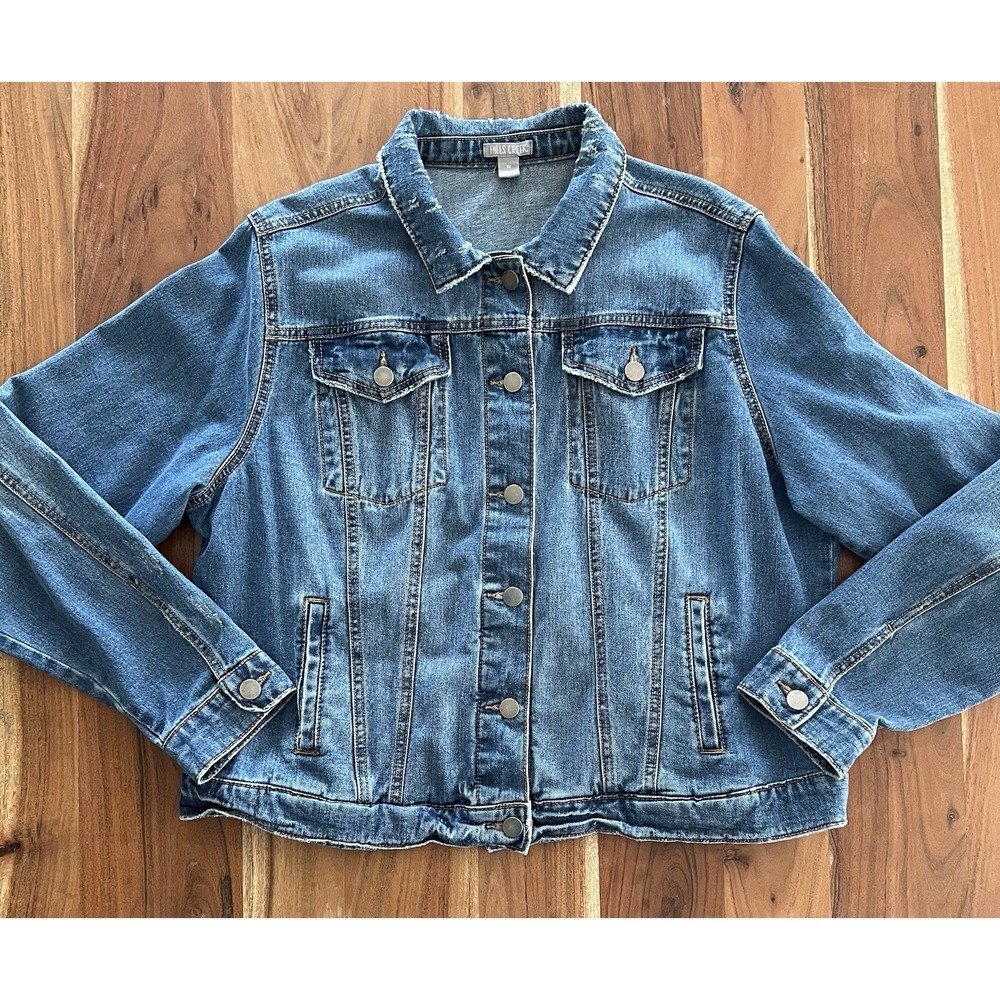 Falls Creek Womens Blue Denim Trucker Jacket Medium Wash Distressed Size 1X